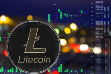 Bozuk para cryptocurrency Litecoin gece şehir arka plan ve grafik.