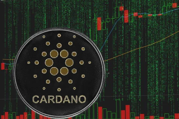 Token Ada Cardano kryptoměna na pozadí binárního kryptografická matrice textu a cenového grafu. — Stock fotografie