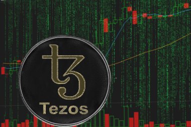 İkili kripto matris metin ve fiyat grafiği arka planda Sikke Xtz Tezos kripto para birimi.