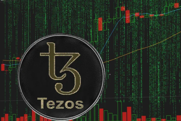 Moeda XTZ Tezos criptomoeda no fundo de texto de matriz de criptografia binária e gráfico de preços . — Fotografia de Stock