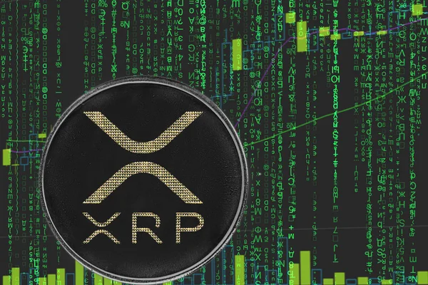 ikili kripto matris metin ve fiyat grafiği arka planda sikke dalgalanma xrp kripto para birimi.