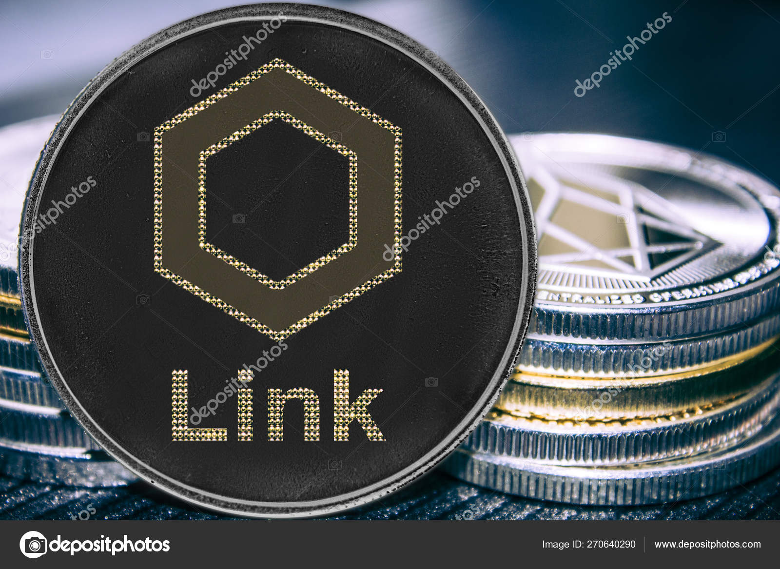 Coin cryptocurrency link chainlink on the background of a stack of coins. —  Stock Photo © shahurin #270640290