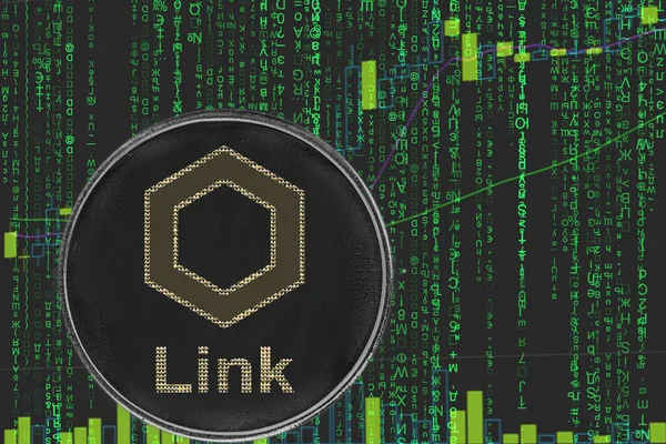 Coin Link Chainlink Kryptowährung auf dem Hintergrund der binären Krypto-Matrix Text und Preisdiagramm. — Stockfoto