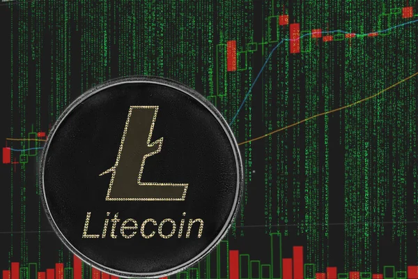 Token LTC Litecoin na pozadí binárního kryptografická matice a cenového grafu. — Stock fotografie
