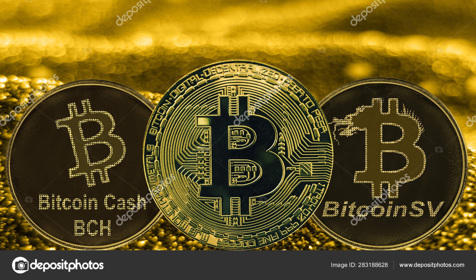 Coins cryptocurrency Bitcoin BCH BTC BSV on golden background - Main Image