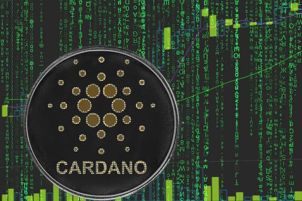 ikili kripto matris metin ve fiyat grafiği arka planda sikke cardano ada kripto para birimi.