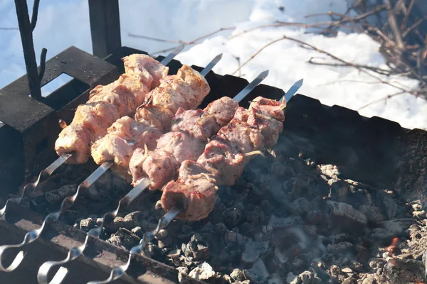 Овощи Мясо Грибы Хлеб Поджаренный Костре Барбекю — стоковое фото