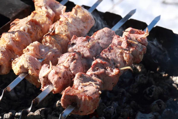 Овощи Мясо Грибы Хлеб Поджаренный Костре Барбекю — стоковое фото