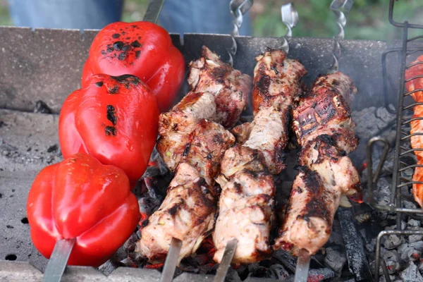 Warzywa Mięso Grzyby Chleba Tosty Bbq — Zdjęcie stockowe