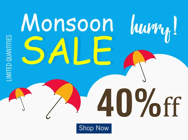 Vector Ilustración Diseño Monsoon Venta Con Paraguas Sobre Fondo Azul — Vector de stock