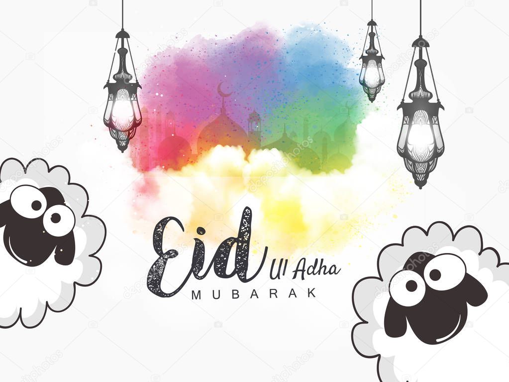 Lettering composition vector typographic illustration of Muslim holy month with mosque, sheep, with handwritten Eid Al adha Mubarak text for a Muslim community festival of sacrifice