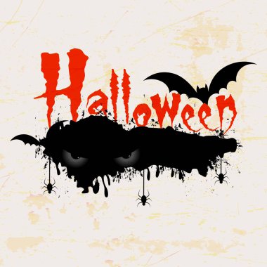 Cadılar Bayramı gözlerini, yarasalar ve korkutucu retro arka plan asılı örümcekler korkutucu Halloween metin.