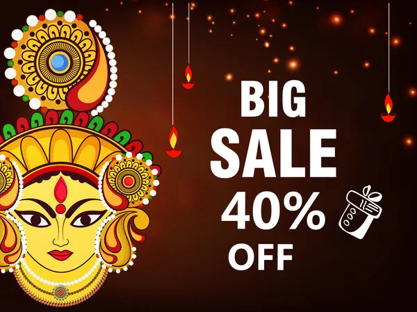 Editable Navratri Vector 2018 Goddess Durga Face Big Sale Text — Stock Vector