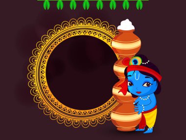 Mutlu Janmashtami 2018. Hint Festivali Dahi handi üzerinde Janmashtami, Krishna'nın Doğum kutluyor. Arka plan, yaratıcı el ilanı, afiş, tebrik kartları vektör çizim için şablon