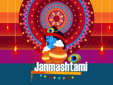 Mutlu Janmashtami 2018. Hint Festivali Dahi handi üzerinde Janmashtami, Krishna'nın Doğum kutluyor. Arka plan, yaratıcı el ilanı, afiş, tebrik kartı vektör çizim için şablon