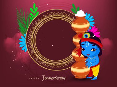 Mutlu Janmashtami 2018. Hint Festivali Dahi handi üzerinde Janmashtami, Krishna'nın Doğum kutluyor. Arka plan, yaratıcı el ilanı, afiş, tebrik kartı vektör çizim için şablon