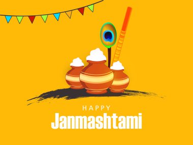 Mutlu Janmashtami 2018. Hint Festivali Dahi handi üzerinde Janmashtami, Krishna'nın Doğum kutluyor. Arka plan, yaratıcı el ilanı, afiş, tebrik kartı vektör çizim için şablon