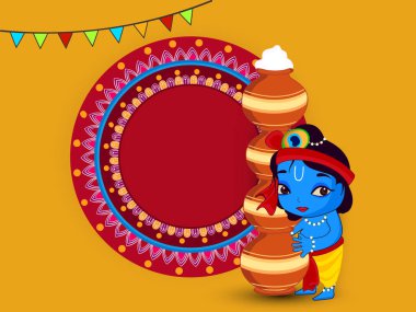 Mutlu Janmashtami 2018. Hint Festivali Dahi handi üzerinde Janmashtami, Krishna'nın Doğum kutluyor. Arka plan, yaratıcı el ilanı, afiş, tebrik kartı vektör çizim için şablon