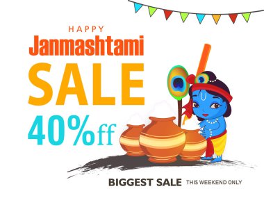 Janmashtami satılık reklam. Hint Festivali Dahi handi üzerinde Janmashtami, Krishna'nın Doğum kutluyor. Arka plan, yaratıcı el ilanı, afiş, tebrik kartı vektör çizim için şablon