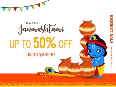Janmashtami satılık reklam. Hint Festivali Dahi handi üzerinde Janmashtami, Krishna'nın Doğum kutluyor. Arka plan, yaratıcı el ilanı, afiş, tebrik kartı vektör çizim için şablon