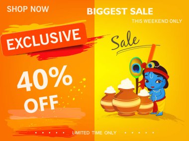 Janmashtami satılık reklam. Hint Festivali Dahi handi üzerinde Janmashtami, Krishna'nın Doğum kutluyor. Arka plan, yaratıcı el ilanı, afiş, tebrik kartı vektör çizim için şablon