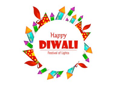 Beyaz arka plan üzerinde izole havai fişek farklı tür mutlu Diwali poster