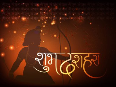 Dussehra poster ile havai fişek ile arka plan üzerinde ok ve yay tutan adamın karanlık siluet