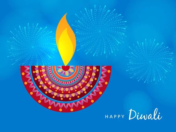 Glücklich Diwali Poster Mit Verzierten Brennenden Laterne Auf Blauem Hintergrund — Stockvektor