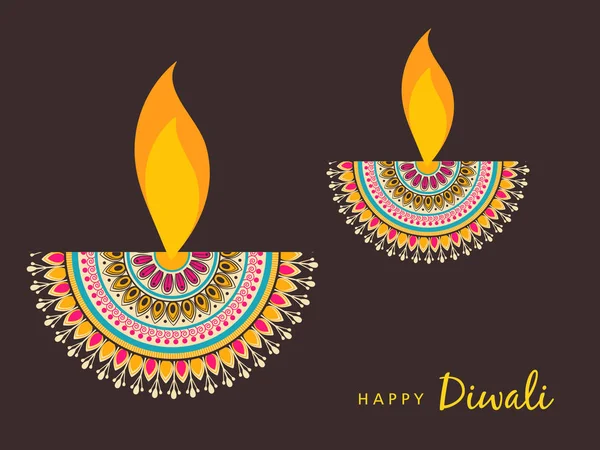 Fröhliches Diwali Poster Mit Verzierten Brennenden Laternen Auf Tiefbraunem Hintergrund — Stockvektor