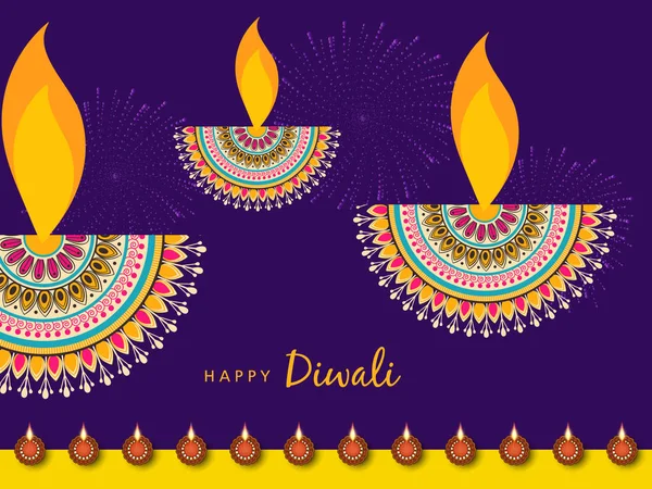 Lila Und Gelbe Diwali Plakate Mit Verzierten Brennenden Laternen — Stockvektor