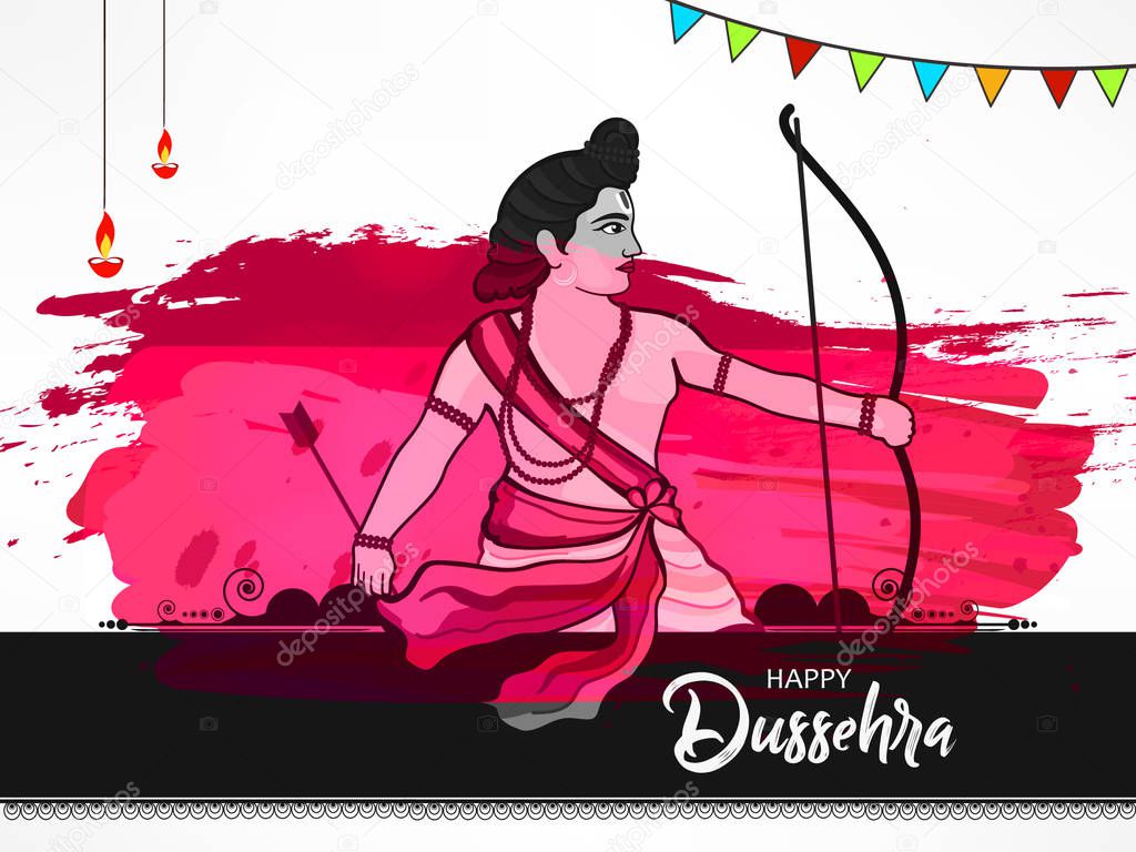 Dussehra poster with man holding bow and arrow on black and white background with pink stain