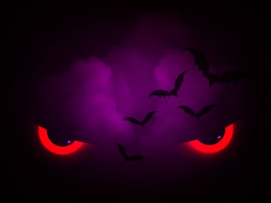 Yarasalar ve ürkütücü kırmızı gözleri gece, vektör çizim kızartma ile Cadılar Bayramı tebrik kartı şablonu