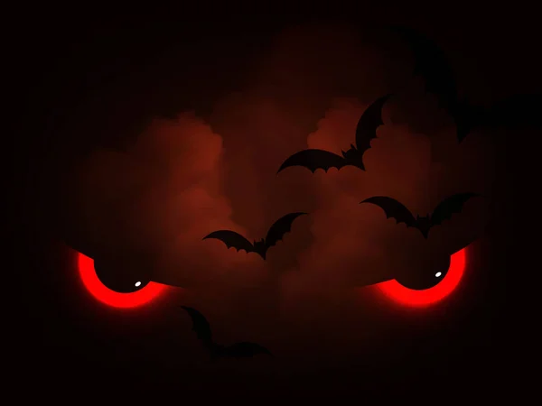 Halloween Grußkartenschablone Mit Frittierenden Fledermäusen Und Gruseligen Augen Bei Nacht — Stockvektor