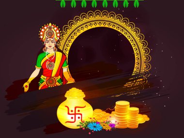 Bir güzel Satılık posteri veya başlığı Tanrıça Maa Lakshmi ile Hint dhanteras ve diwali Festivali kutlamaları için arka plan metin ile mutlu Dhanteras süper teklif