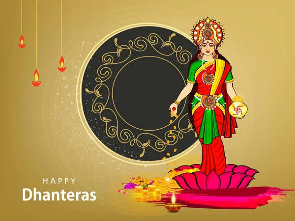 美しい販売ポスターやインド Dhanteras ディワリ祭お祝いの背景本文幸せ Dhanteras のスーパーを提供の女神 Maa ラクシュミとバナー — ストックベクタ