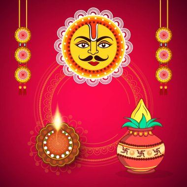 Mutlu Chhath Puja, Antik Hint Vedik festival tebrik kartı pembe arka plan, güneş sembolü ile vektör çizim