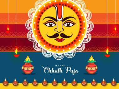 Mutlu Chhath Puja, Antik Hint Vedik festival tebrik kartı güneş simgesiyle illüstrasyon vektör