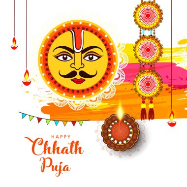 Mutlu Chhath Puja, Antik Hint Vedik festival tebrik kartı güneş simgesiyle illüstrasyon vektör