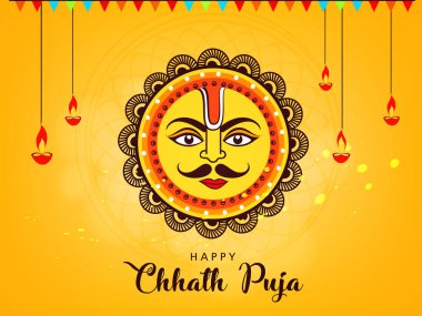 Mutlu Chhath Puja, Antik Hint Vedik festival tebrik kartı ile güneş sembolü sarı arka plan illüstrasyon vektör