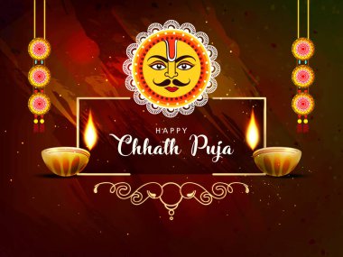Mutlu Chhath Puja, Antik Hint Vedik festival tebrik kartı güneş sembolü ve iki mum, illüstrasyon vektör