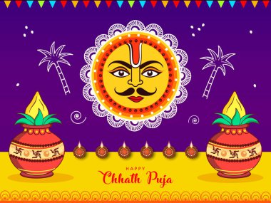 Mutlu Chhath Puja, Antik Hint Vedik festival tebrik kartı güneş simgesiyle illüstrasyon vektör