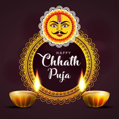 Mutlu Chhath Puja, Antik Hint Vedik festival tebrik kartı güneş sembolü ve iki mum, illüstrasyon vektör