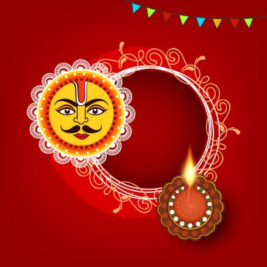 Mutlu Chhath Puja, Antik Hint Vedik festival tebrik kartı kırmızı renklerde illüstrasyon vektör