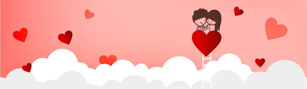 Cute Cartoon Couple Holding Hands Ladder Clouds Red Hearts Pink — Stock Vector