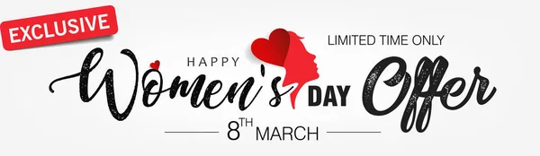 Exclusive Happy Womens Day Offer Red Heart Female Profile Silhouette — Stock Vector