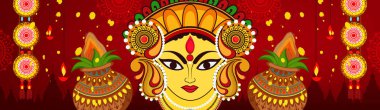 Durga Puja veya Chaitra Navratri Festivali vesilesiyle renkli dekoratif festival geçmişi üzerine Maa Durga veya Devi Durga 'nın güzel ve yaratıcı yüzü