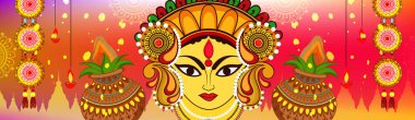 Durga Puja veya Chaitra Navratri Festivali vesilesiyle renkli dekoratif festival geçmişi üzerine Maa Durga veya Devi Durga 'nın güzel ve yaratıcı yüzü