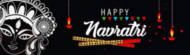 Durga Puja veya Chaitra Navratri Festivali vesilesiyle renkli dekoratif festival geçmişi üzerine Maa Durga veya Devi Durga 'nın güzel ve yaratıcı yüzü