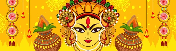 Maa Durga或Devi Durga在Durga Puja或Chaitra Navratri节的彩色装饰节日背景下的美丽而富有创意的脸 — 图库矢量图片