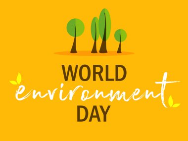 Turuncu zemin üzerinde yeşil ağaçlar olan dünya çevre günü kartı